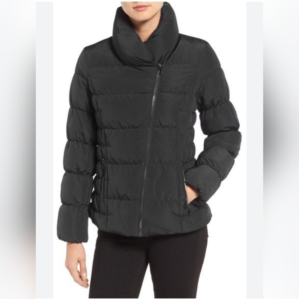 Kenneth Cole- Black Womens Puffer Coat Down Filled Silver Zippers Neutral Sz.M